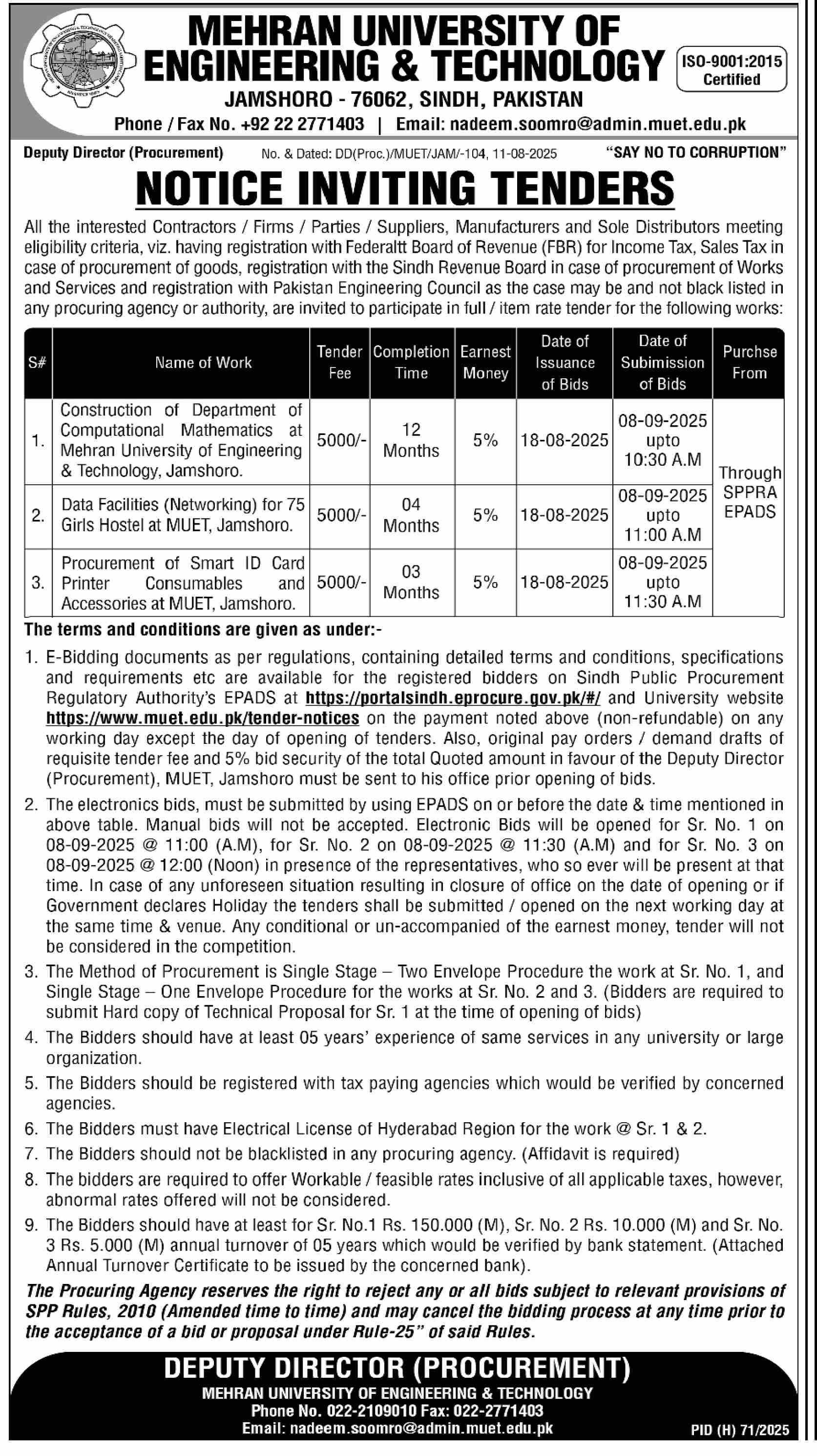Mehran University of Engineering & Technology Jamshoro Tender Notice